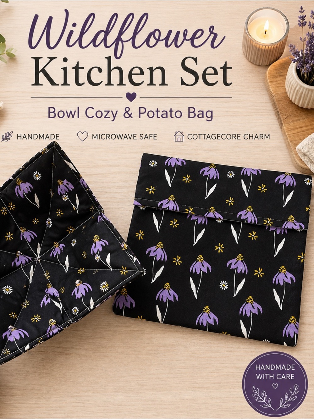 Handmade Wildflower Bowl Cozy & Potato Bag Set | Cottagecore Kitchen Gift